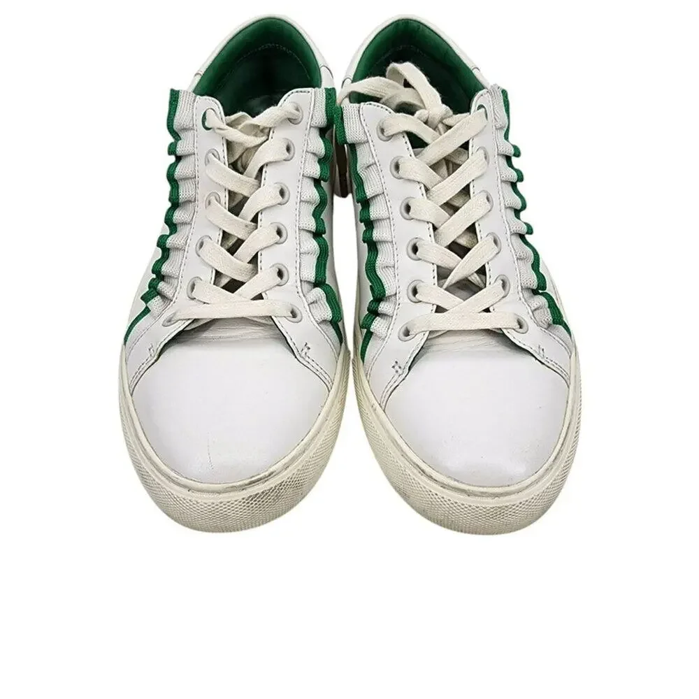 Tory Burch Womens White & Green Leather Sneakers W/ Ruffle Detail Size 7.5